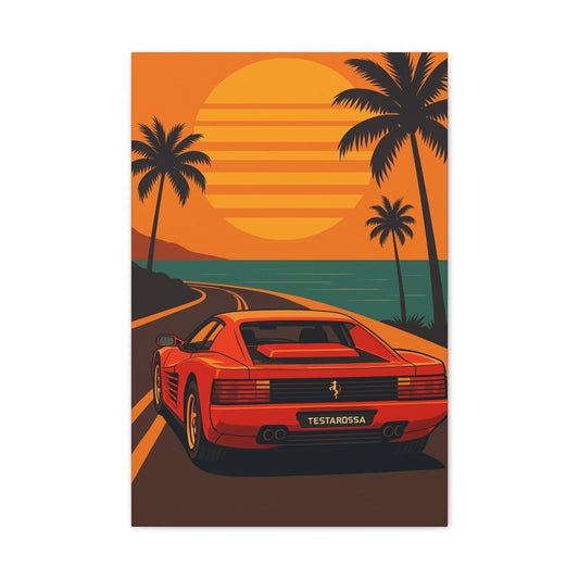 Vibrant Sunset Canvas Art, Retro Car Decor, Tropical Beach Print, Ferrari Wall Art, Gift for Car Lovers, Summer Vibes