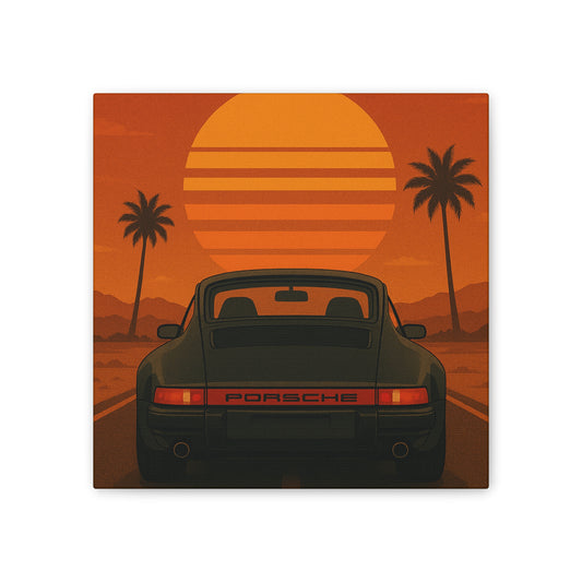 Canvas Art Print: Retro Porsche Sunset Landscape, Vintage Car Wall Decor, Gift for Car Enthusiasts, Home Decor