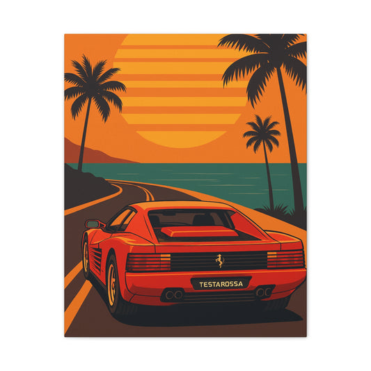 Vibrant Sunset Canvas Art, Retro Car Decor, Tropical Beach Print, Ferrari Wall Art, Gift for Car Lovers, Summer Vibes