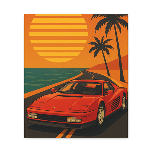 Retro Car Canvas Art, Beach Wall Decor, Vintage Car Print, Sunset Artwork, Tropical Wall Hanging, Gift for Car Lovers, Home Office Decor