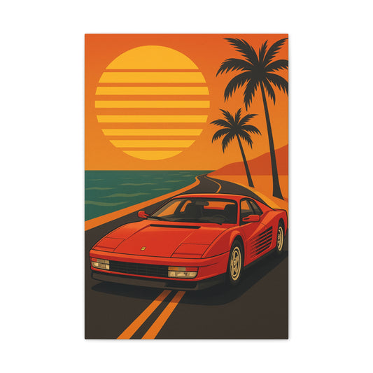 Retro Car Canvas Art, Beach Wall Decor, Vintage Car Print, Sunset Artwork, Tropical Wall Hanging, Gift for Car Lovers, Home Office Decor