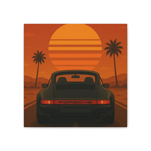 Canvas Art Print: Retro Porsche Sunset Landscape, Vintage Car Wall Decor, Gift for Car Enthusiasts, Home Decor